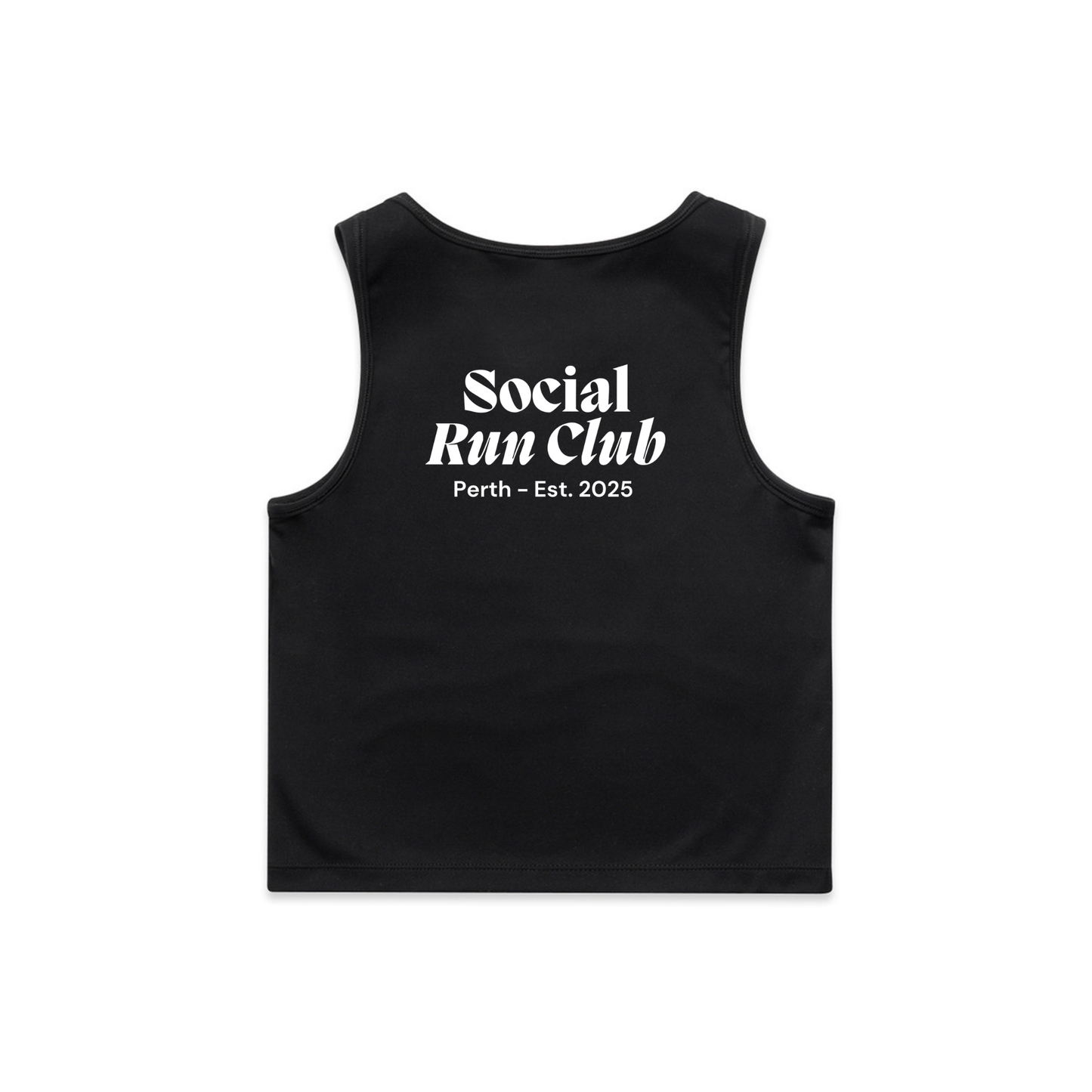 Black tank top with 'Social Run Club Perth Est. 2025' text on a white background