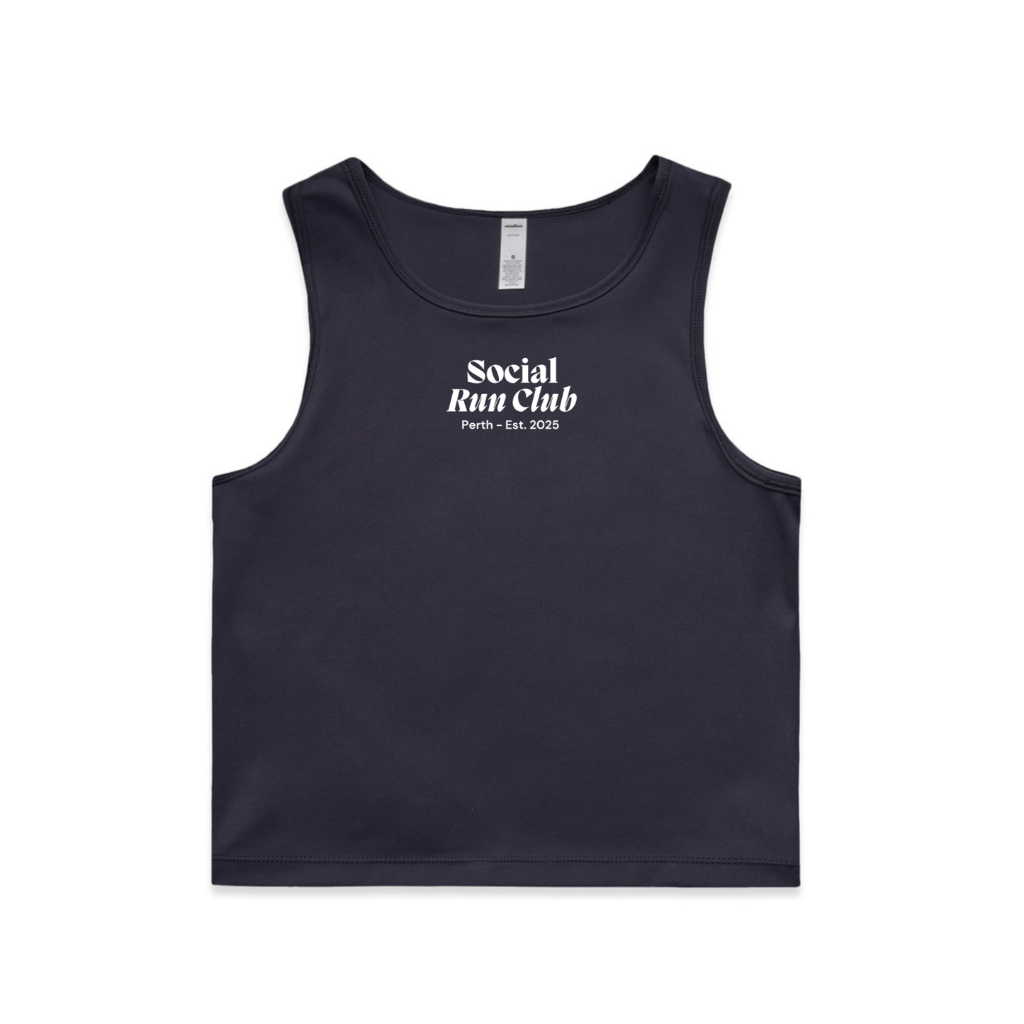 Navy tank top with 'Social Run Club' text on a white background