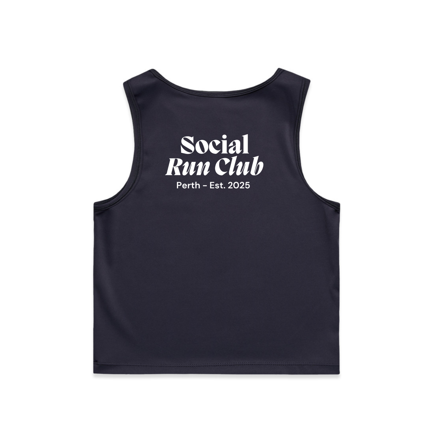 Navy tank top with 'Social Run Club Perth - Est. 2025' text on a white background